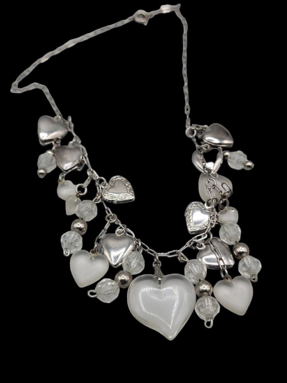 Love Choker Necklace 16" Frost Glass 8 Silver Plated Double Photo Locket Charms - Picture 10 of 15